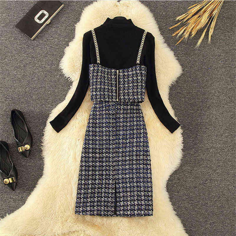 Fall Winter Diamond Button Tweed 2 Piece Set Female High Quality Chain Vest Crop Top Long Skirts Black Sweater Suits 211109