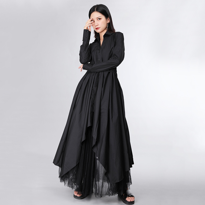 [EAM] New Spring Autumn Lapel Long Sleeve Button Bandage Stitch Pleated Irregular Shirt Dress Women Fashion Tide JY778 210409
