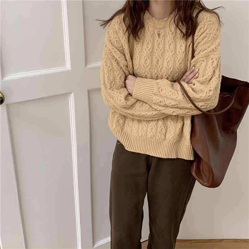 Autumn Winter Bottoming Tops Elegant Solid Twisted Sweater OL Pullovers Loose Warm Knitted Sweaters Woman Clothes 210421