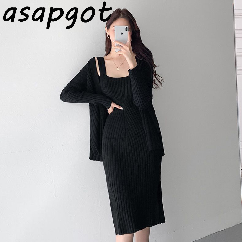 Temperament Autumn Winter Solid Knit Cardigan V Neck Sweater Jacket Side Split Vest Dress Knitted Women Sexy Fashion 210429