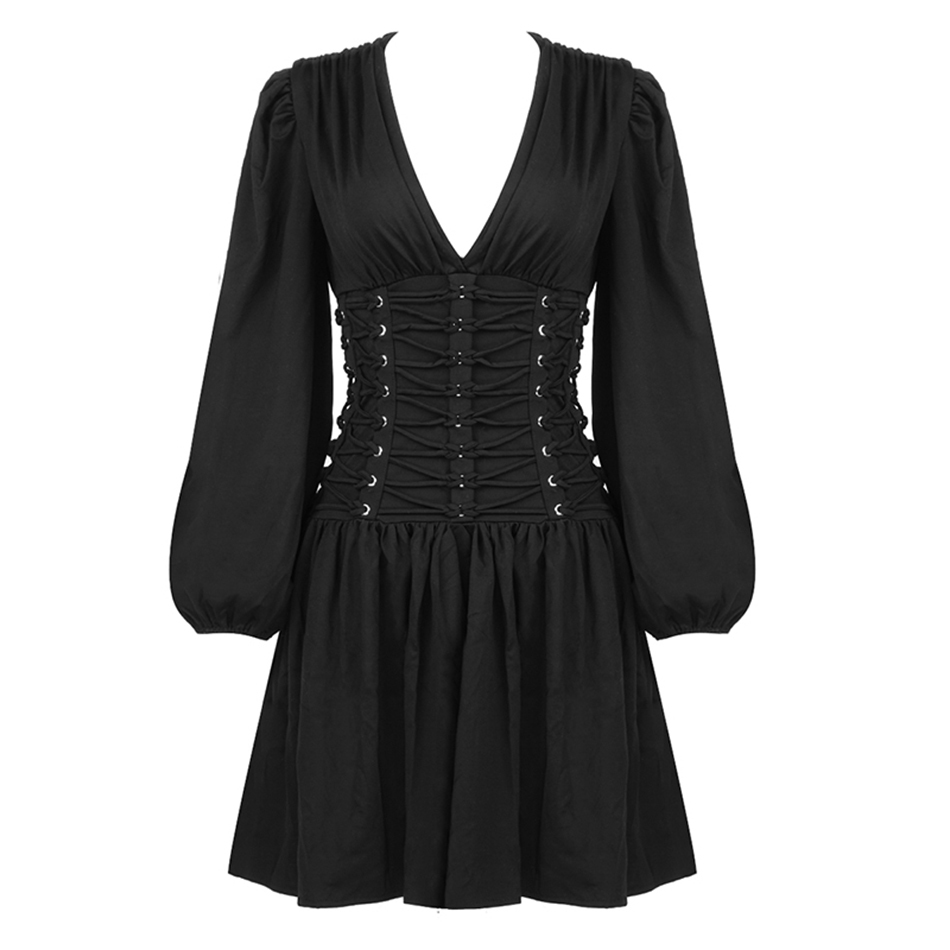 Free Women Sexy Dress Black V-neck Lantern Long Sleeve Lace-UpA Line Mini Celebrity Club Party Vestidos 210524