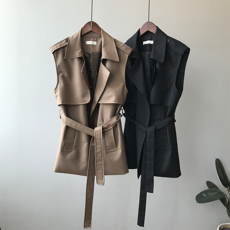 Fahion Minimalist Sleeveless Vest Trench Coat Elegant OL Overcoat Autumn Loose Lapel Casual Windbreaker Tops 210421