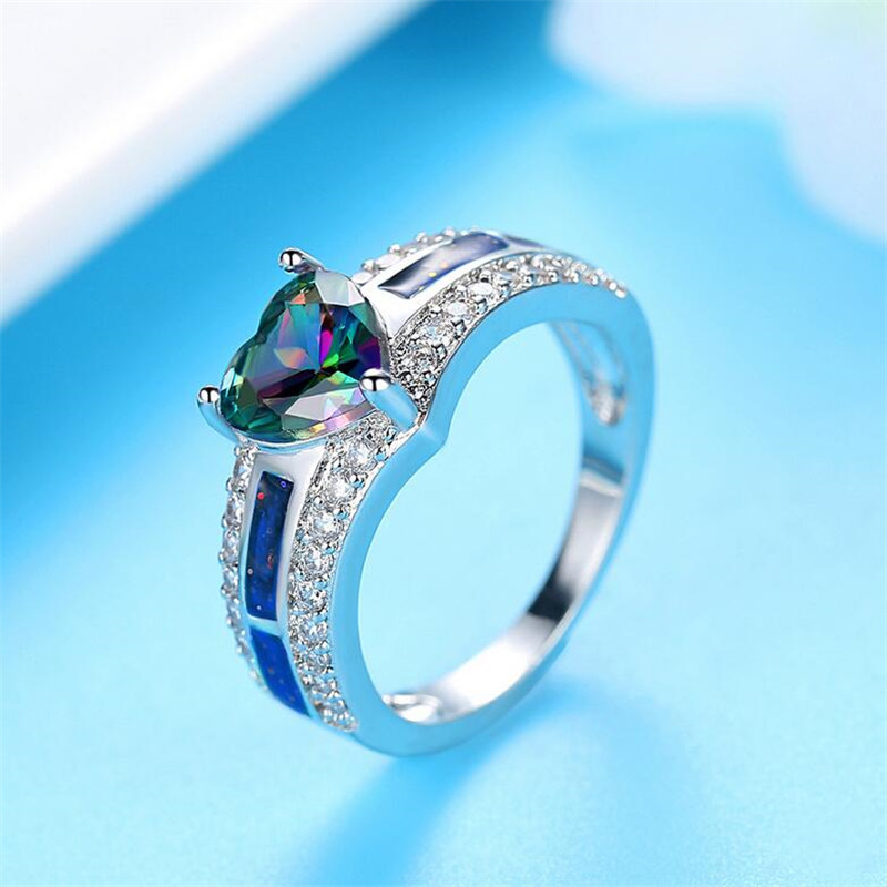 2021 Top Sell Brand Handmade Deluxe Jewelry 10KT White Gold Fill Heart Cut Opal CZ Diamond Gemstones Party Women Wedding Engagement Band Ring Gift Siz
