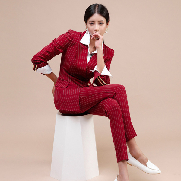 Business Women 2 Piece Pant Set Autumn Winter single-breasted Striped Blazers coat + Office OL Ladies Pencil Trousers Suit 210519