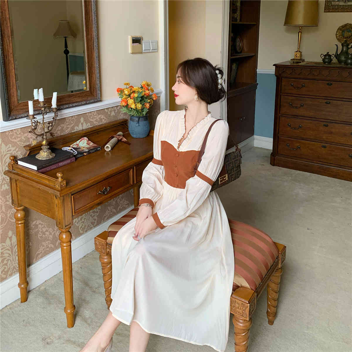 Frenc Vintage Dress Women Long Sleeve V-neck Chiffon Dress Korean Evening Party Fairy Elegant Dress Female Autumn 210521