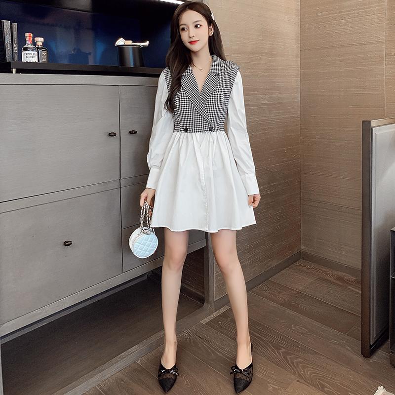 Casual Dresses 2021 Autumn French Niche Plaid A-line Waist Contrast Stitching Suit Collar Dress Long Sleeve Fashion Women