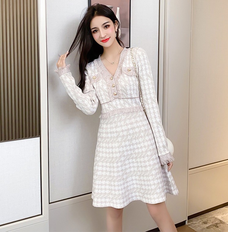 Fashion Autumn Houndstooth Tassel Trim Sweater Dress Ladies Long Sleeve V-Neck Casual Knit Dresses Vestidos 210519