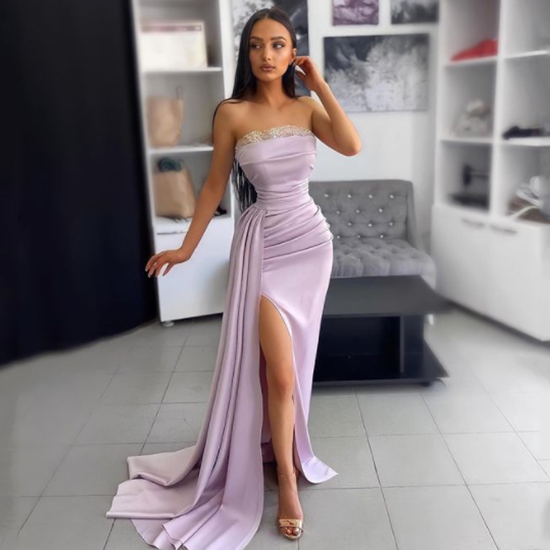 Sexy Evening Dresses Strapless Satin High Split Prom Dress Lavender Party Cocktail Gowns Saudi Arabia Dubai Plus Size Vesitos
