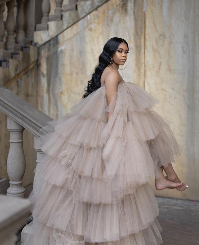 2021 Sexy Ruffles Champagne Tulle Kimono Women Evening Dresses Robe for Photoshoot Puffy Strapless High Low Prom Gowns African Maternity Dress Photogr