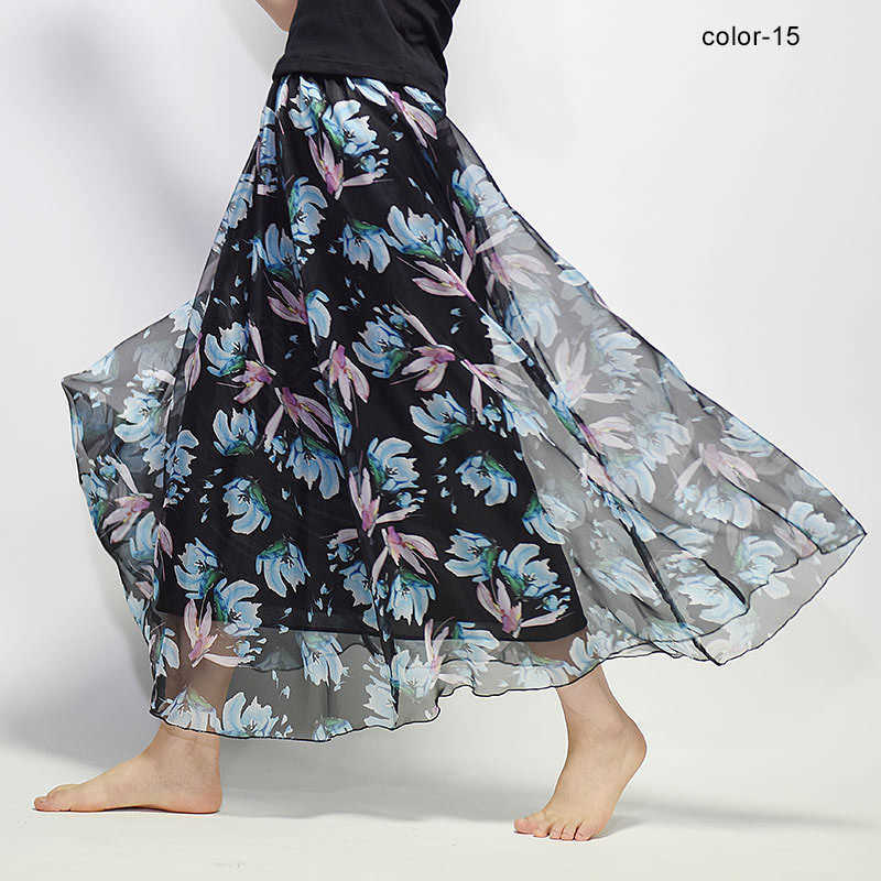 Women Fashion Florals Print Long Skirt Female Boho Style Elastic High Waist Chiffon Casual Beach Skirts Saias 19 Color Summer 210619
