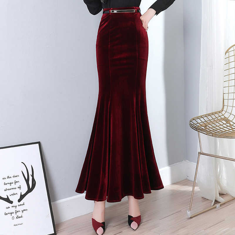 plus size 5XL! Autumn Vintage Velvet Black Maxi Long Mermaid Skirt Fashion Women Elegant Velour Skirts With Belt 210619