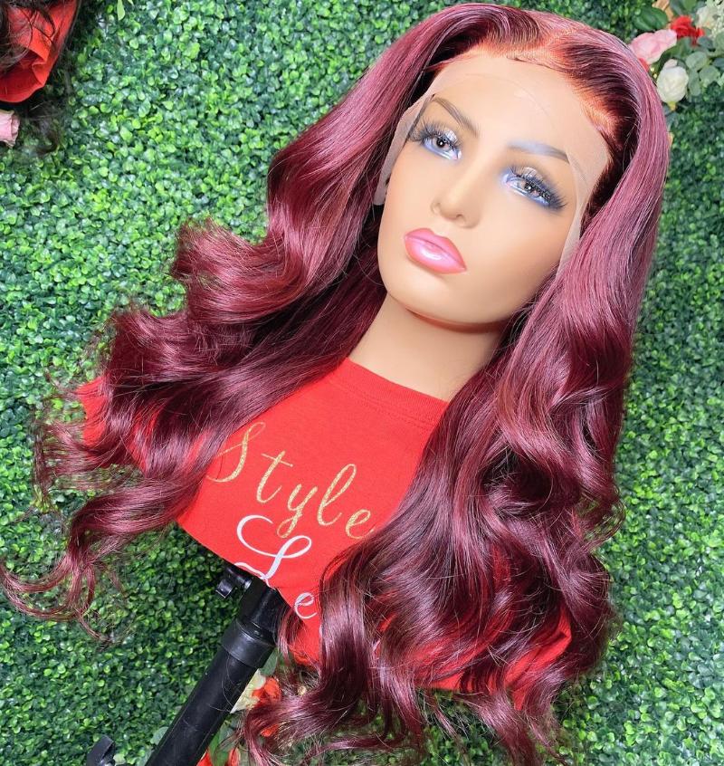 Synthetic Wigs 26Inch 99J Wine Red Color 180%Density Long Body Wave Transparent Lace Front Wig For Women With Baby Hair Heat Ressistant
