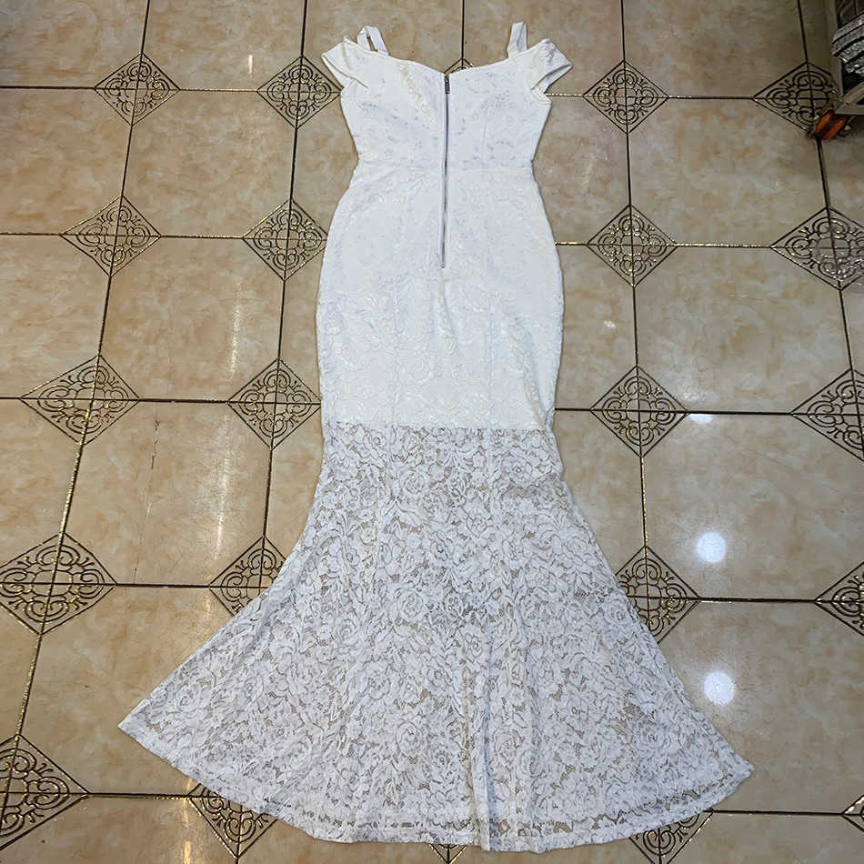 Summer Style Short-Sleeved Strapless Tight-Fitting White Lace Fishtail Long Ladies Strappy Sexy Party Dress Vestidos 210525