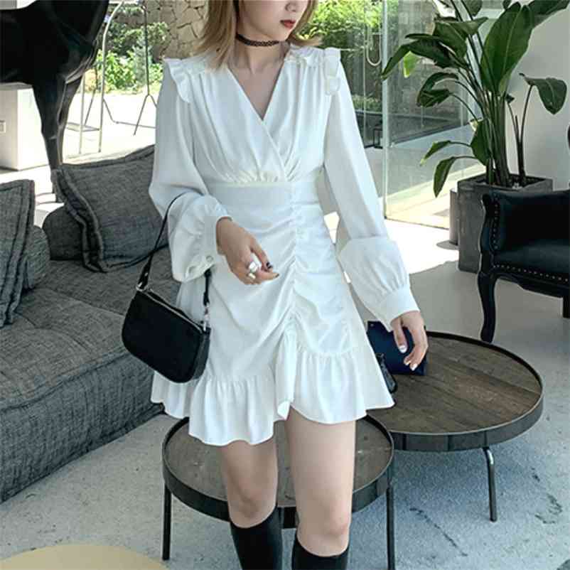 Draped Mini Dress Women Casual High Street French Long Sleeve High Waist Party Elegant Dress Female Summer Clothing Korean 210409