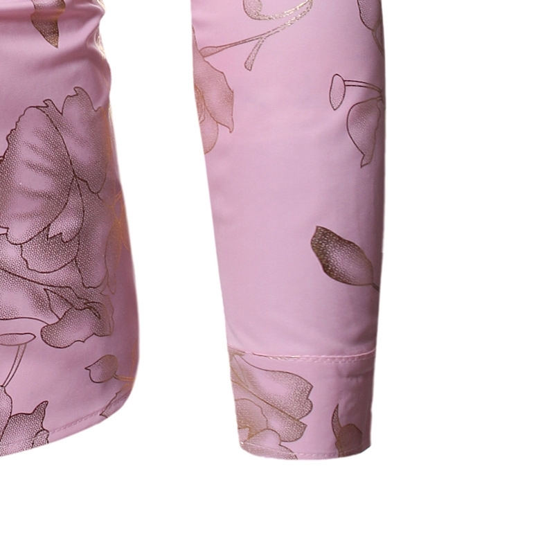 Gold Rose Print Pink Shirt Men Stylish Slim Fit Long Sleeve Mens Dress Shirts Party Wedding Club Social Shirt Chemise Homme 210410