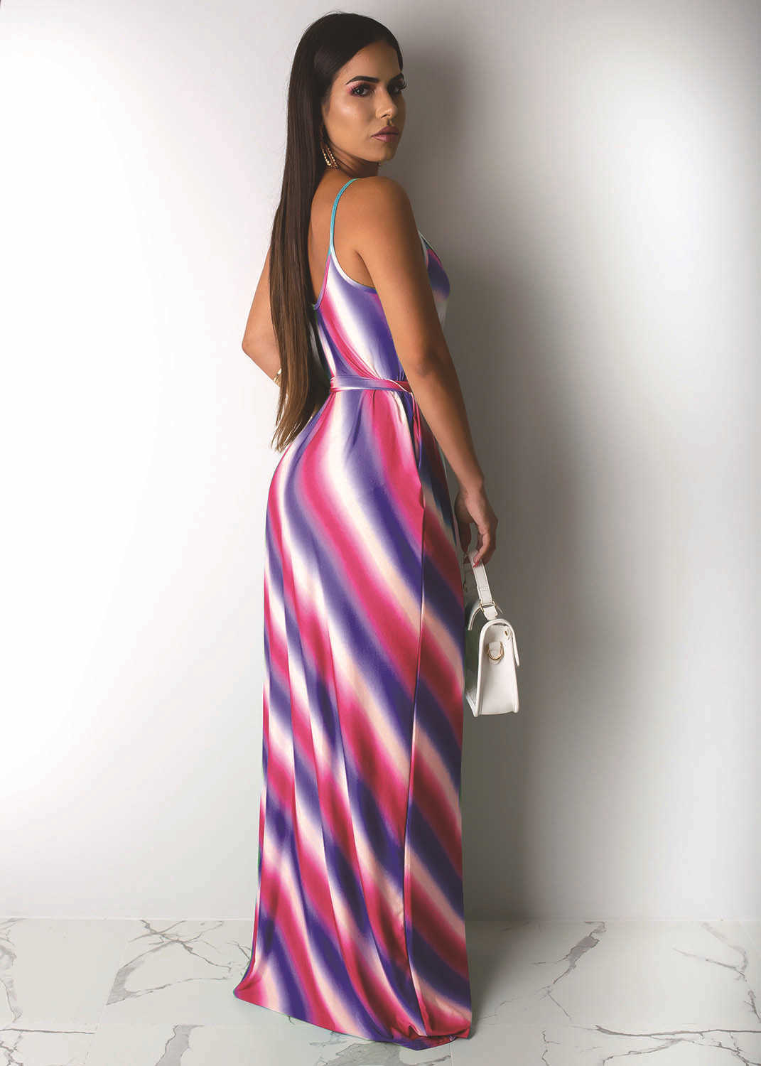 Women Spaghetti Strap Striped Belt Loose Style Maxi Dress 210702