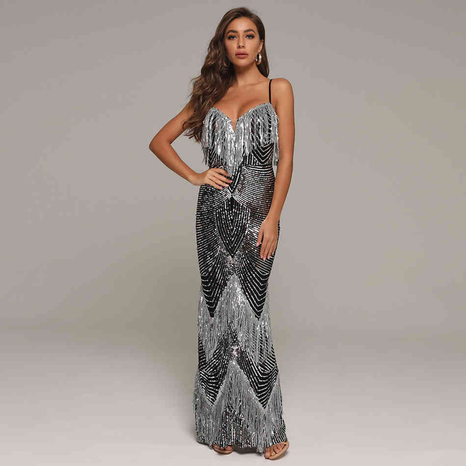 Women's Summer Maxi Sequins Sundress Sexy Spaghetti Strap Tassel Club Celebrity Evening Runway Party Lady Dresses 210423