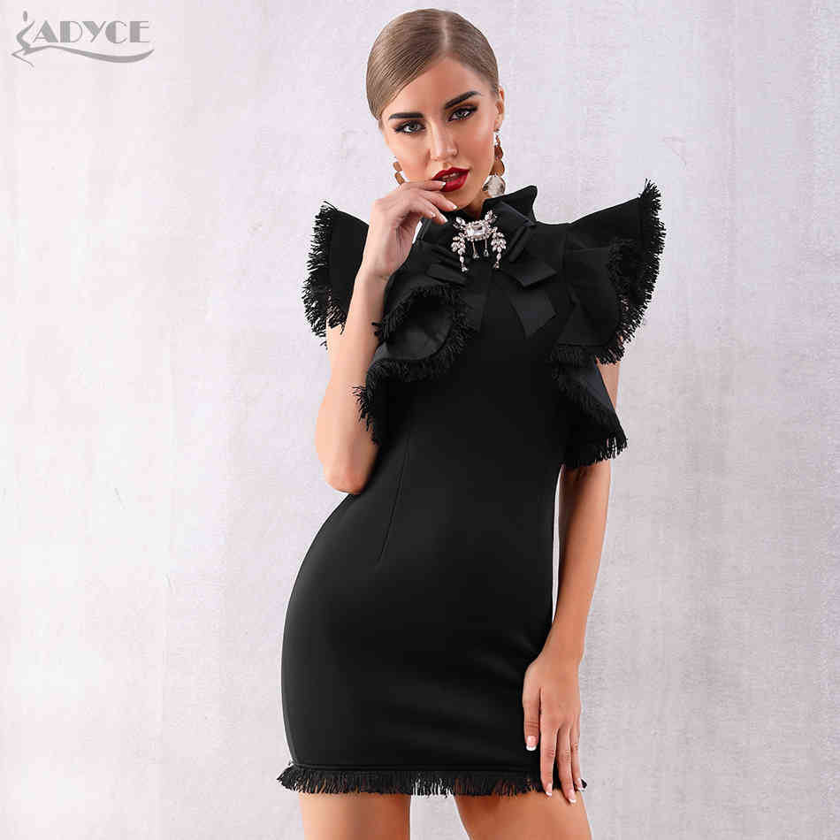 Summer Women White Celebrity Runway Party Dress Vestidos Sexy Sleeveless Ruffles Tassel Black Bodycon Club 210423