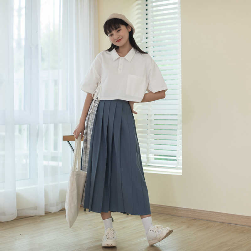 Preppy Style Patchwork Pleated Skirts Womens Summer All-match Japanese High Waist Silm Jupe Fashion Sweet Fresh Bottoms 210525