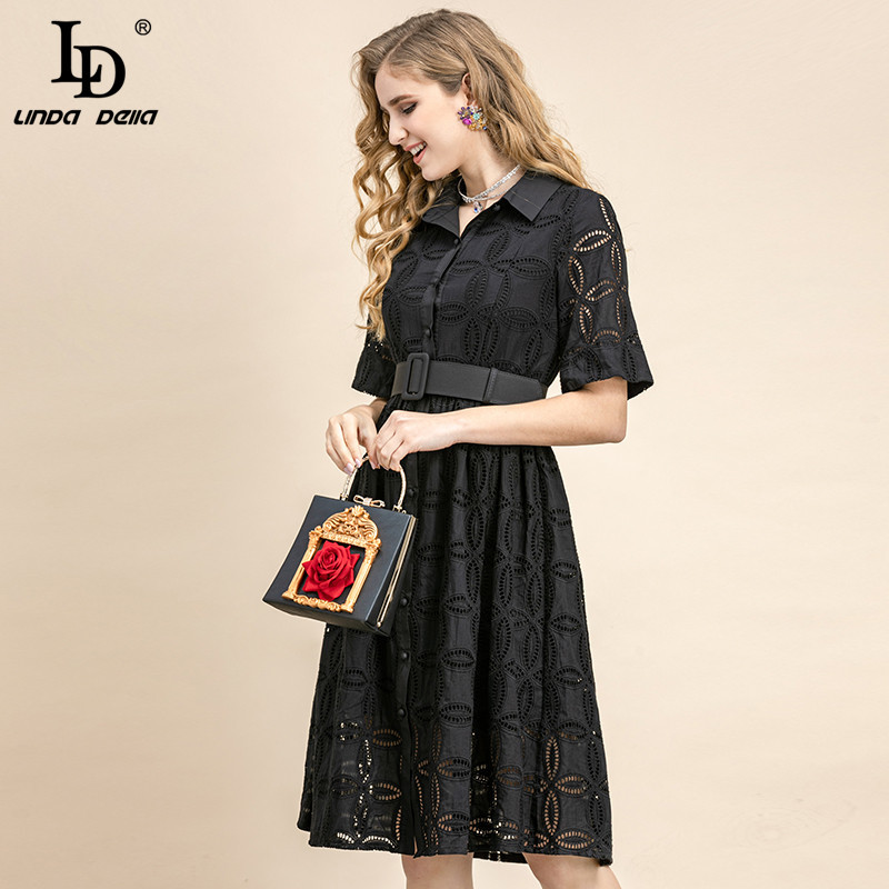 Summer Fashion Runway Vintage Black Dress Women Flare Sleeve Flowers Embroidery Belted Holiday Party 210522
