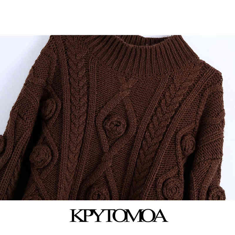 Women Fashion With Flowers Cropped Cable-knit Sweater High Neck Long Sleeve Female Pullovers Chic Tops 210420