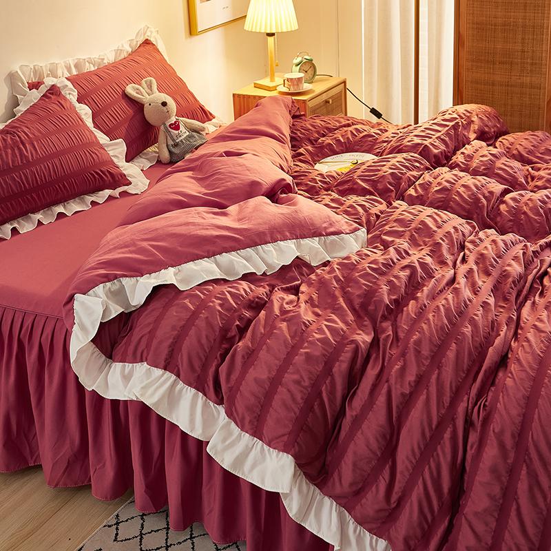 Princess Bedding Set Seersucker Solid Ruffles Duvet Cover Cotton&Polyester Flat Sheet /Bed Skirt Wedding Bedclothes Home Textile Sets