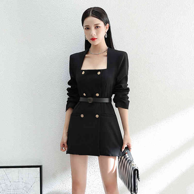 VGH Black Elegant Dress For Women Square Collar Long Sleeve High Waist Slim Dresses Female Spring Clothing Fashion New Tide 210421