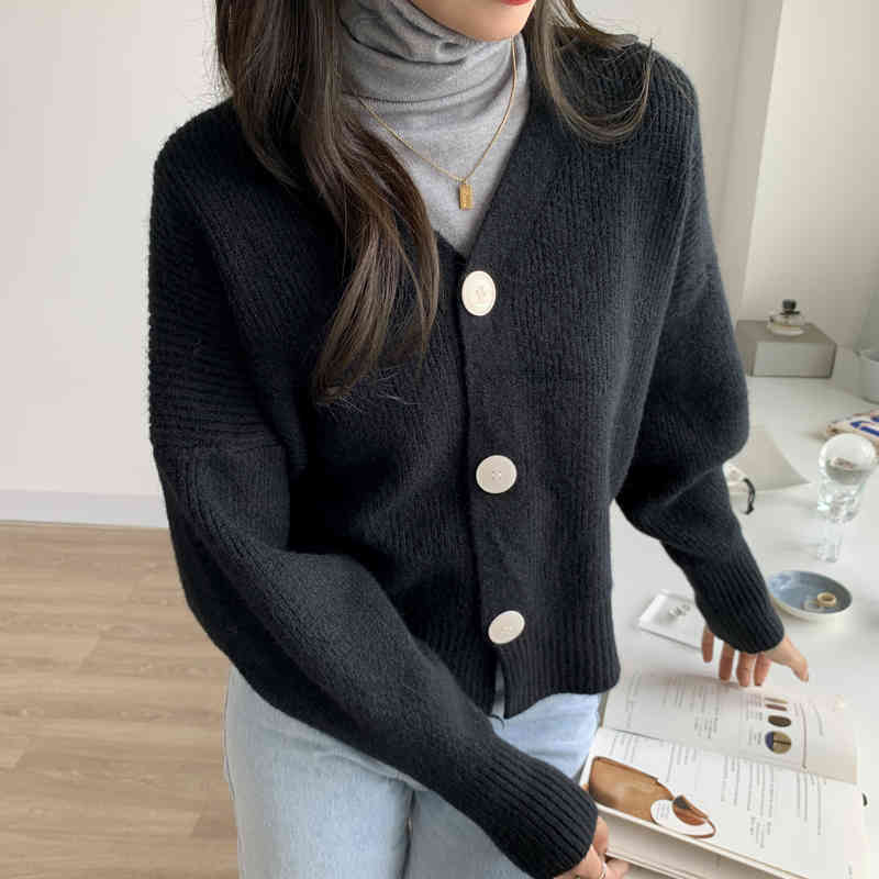 Comelsexy V Neck Knitted Sweater Cardigan Women Single Breasted Oversized Cardigans Crop Tops Autumn Winter Ladies Sweater 210515
