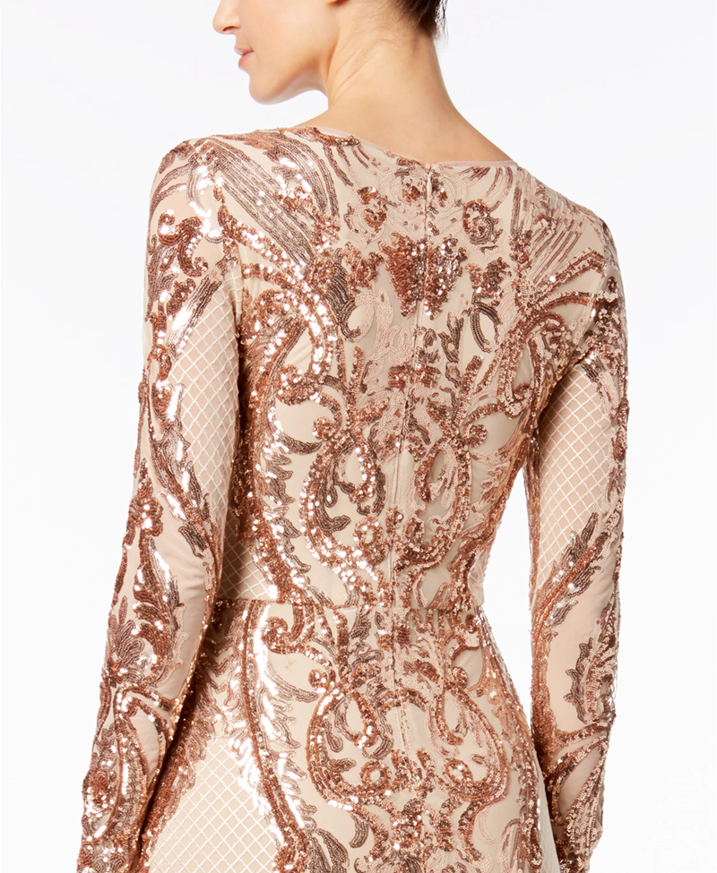 Elegant Champagne Sequined Mermaid Evening Dresses For Women 2022 Glitter Sequins Dinner Evening Gowns Long Sleeve Crew Neck Floor Length Prom Party D
