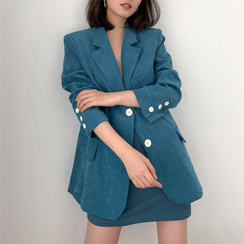 Loose Plus Size S-XL Femme Solid All Match Vintage Jackets Blue Retro Fashion Streetwear OL Oversize Blazers 210421