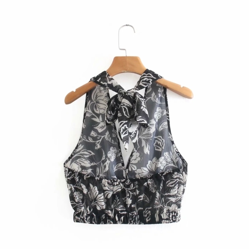 Summer Women Floral Print Chiffon Short Vest Backless Shirt Female Transparent Blouse Casual Lady Loose Tops Blusas S8931 210430