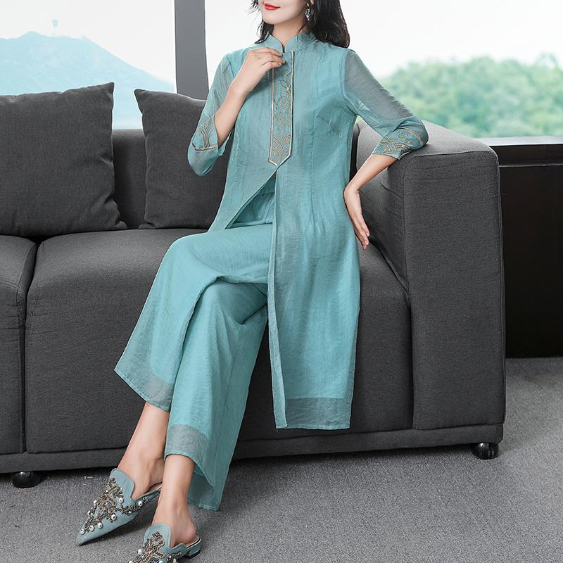 Summer 2 Pieces Chinese Vintage Sets High Quality Pretty Improved Qipao Top +Pants Loose Embroidery Female Cheongsam Two Piece Dress