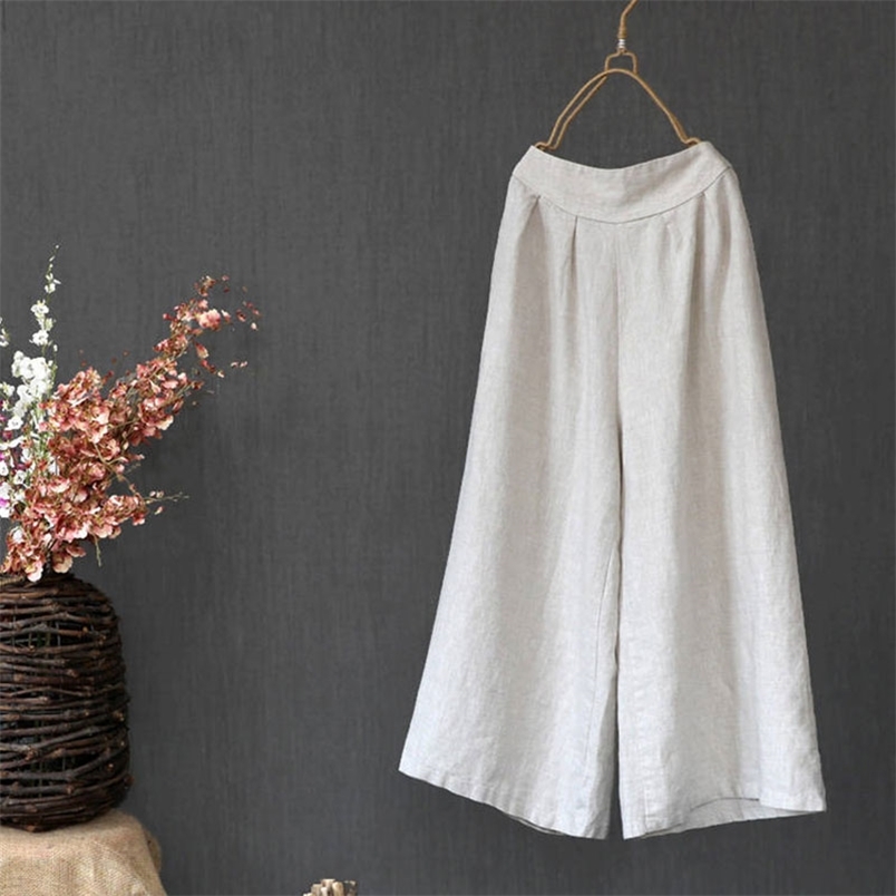 Arrival Summer Women Pants Plus Size High Waist Loose Casual Ankle-length Vintage Cotton Linen Wide Leg D160 210512