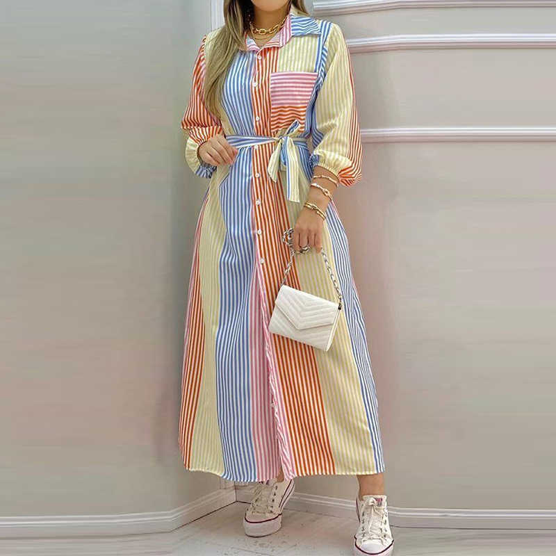 Fashion Women Shirt Dress Long Sleeve Summer Color Stripe Long Dresses Laides Turn-down Collar Loose Sundress Party Dress 210709