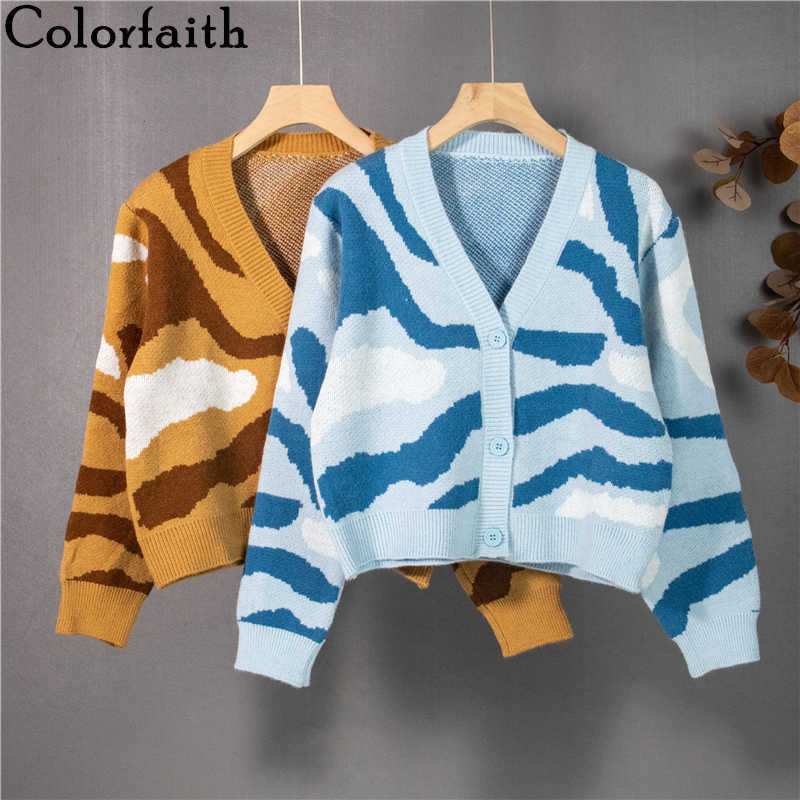 Colorfaith Women's Autumn Winter Sweaters Fashionable Elegant Cardigans Vintage Zebra Knitwears Short Tops SWC1363JX 211014