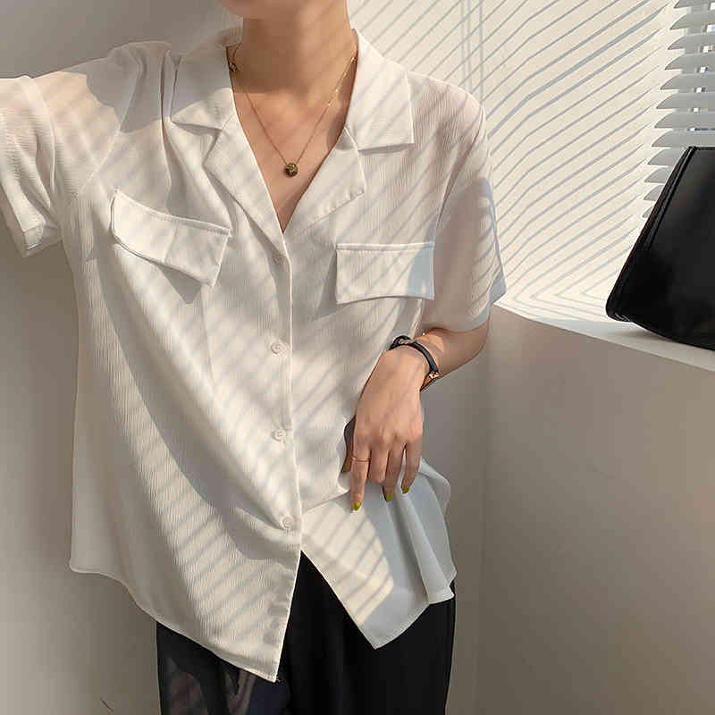 Summer Korean Vintage Women Shirt Tops Notched Collar Single Breasted Pockets Female Blouses Blusas Mujer 210514