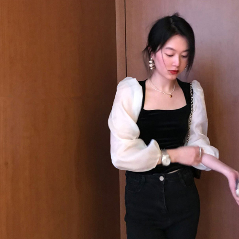 Nomikuma Korean Velour Women Shirt Puff Long Sleeve Hit Color Patchwork Square Collar Blusas Spring Slim Blouses New 6E377 210427