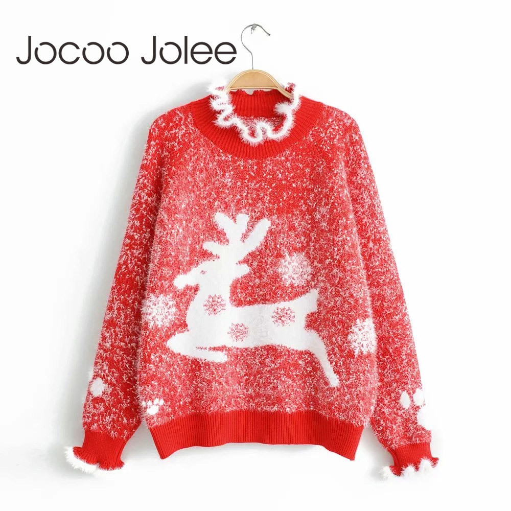 Women Year Deer Sweater Long Sleeve Turtleneck Knitted Casual Ruffles Loose Pullover Jumper 210428