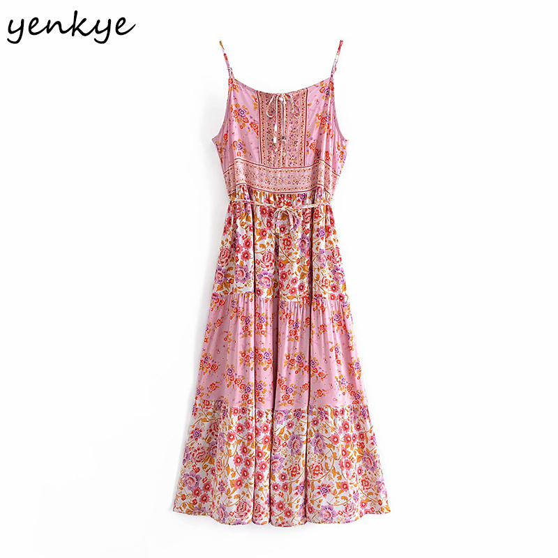 Holiday Summer Boho Beach Dress Women Vintage Hit Color Floral Print Robe Longue Female Sexy Sling Casual Long Dresses 210430