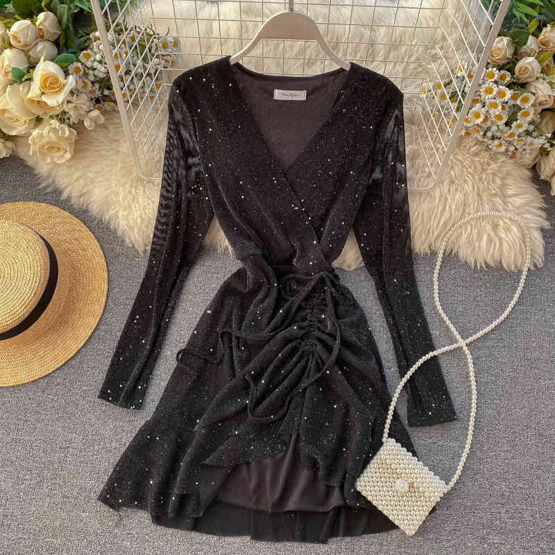 Summer Casual Long Sleeve V-neck Dress Asymmetrical Ruffle Elegant High Waist Women Party Dress 210521