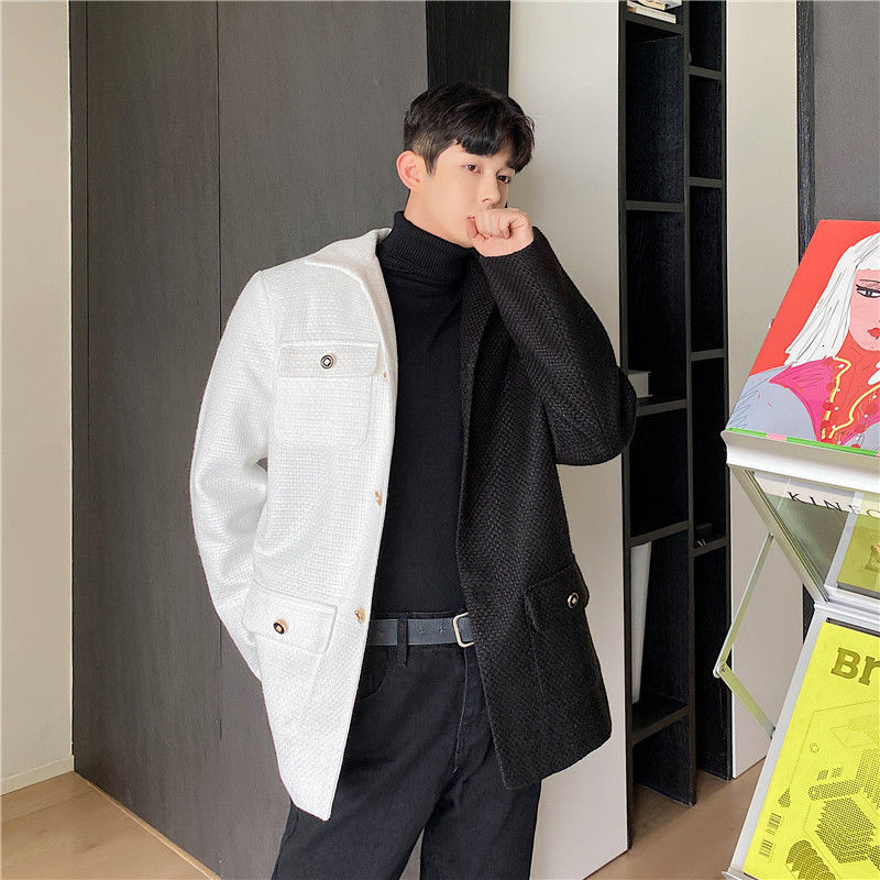 IEFB streetwear color block tweed thickened suit coat for men Spring Autumn single breasted black white blazers males 9Y4397 210524