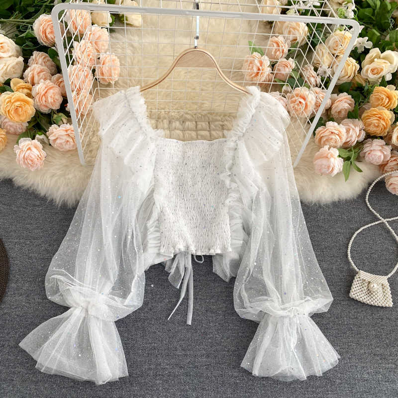 Court Female Bling Shiny Mesh Long Sleeve Sweet Wood Ear Short Tops Shirt Autumn Women Fashion Elegant Blouse P613 210527