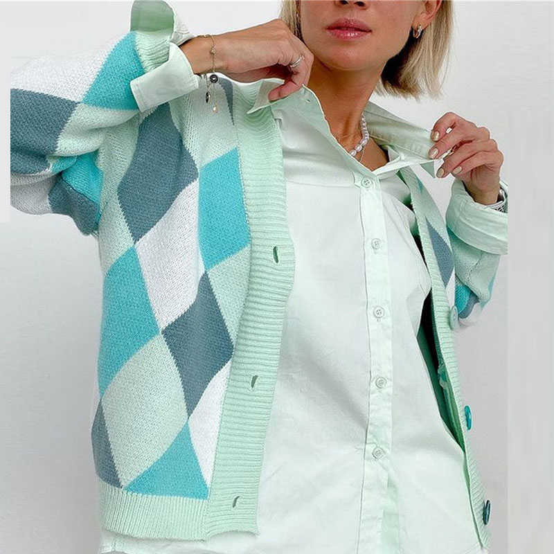 Women Color Block Argyle Plaid Sweaters Fashion V-Neck Long Sleeve Knitted Cardigan Sweater Autumn Sweet Ladies Knitwear Coat 210928