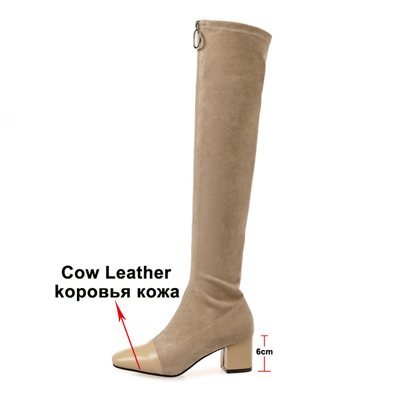 Winter Thigh High Boots Women Genuine Leather Thick Heel Over The Knee Slim Stretch Shoes Ladies Fall Size 40 210517