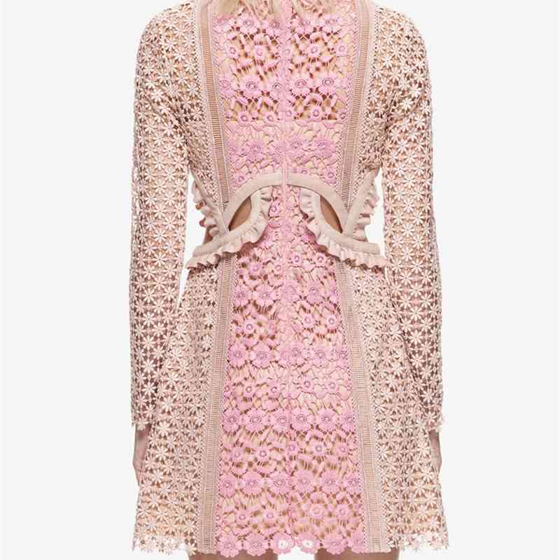 High Quality Spring Autumn Runway Dress Long Sleeve Cute Pink Embroidery Women Patchwork Lace Dresses 210520