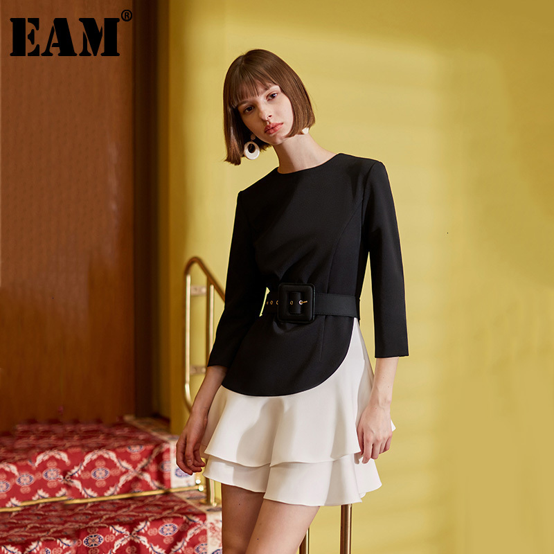 [EAM] Women Black Contrast Color Ruffles Dress Round Neck Long Sleeve Loose Fit Fashion Spring Autumn 1H003 21512