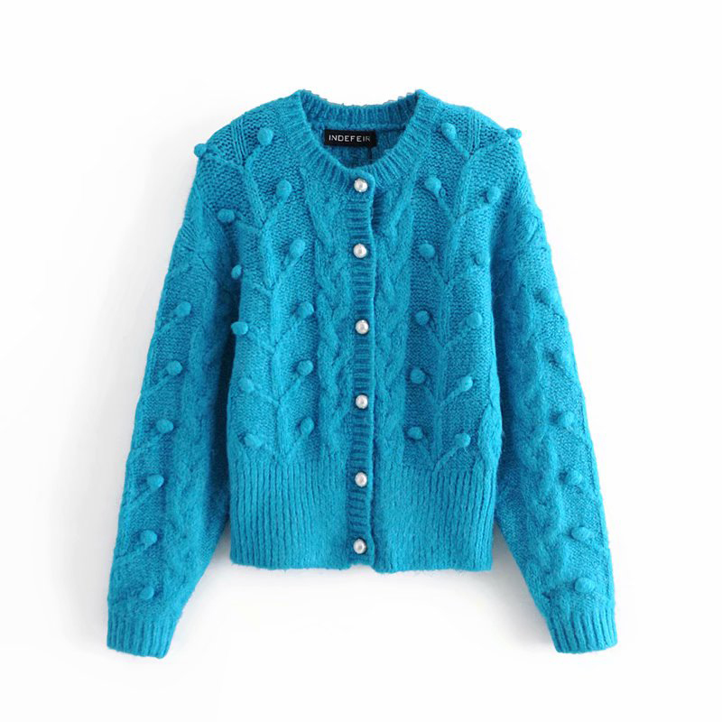 Costume Jewelry Pearl Button Twisted Ball Knit Jacket Fashion Sky Blue Chic Lady Elegant Sweater Cardigan 210521