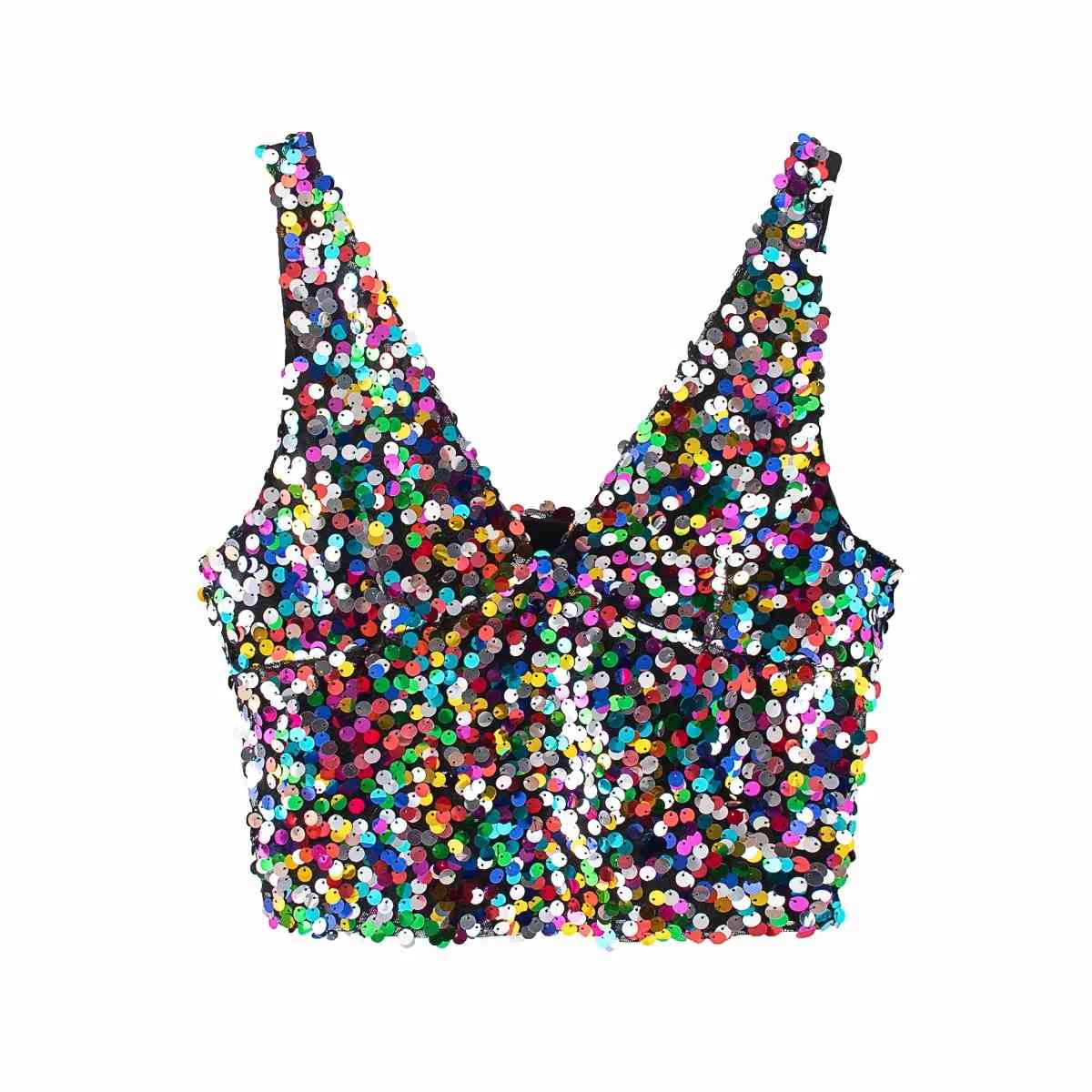 Foridol Colorful Sequin Blouse Shirt Sexy Club Camis Tank V Neck Crop Top Short Tops Blouse Shirts Summer 210415