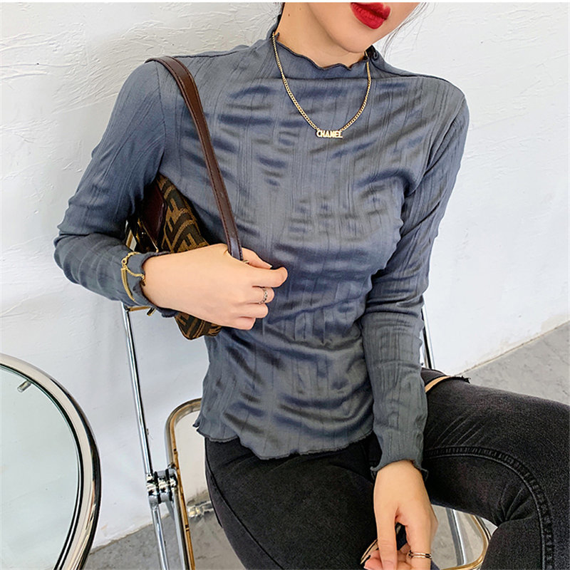 Casual Basic Korea Pleated High Quality Brief Minimalist Tops Solid Fashion Women Large Full Sleeves T-shirt 210421