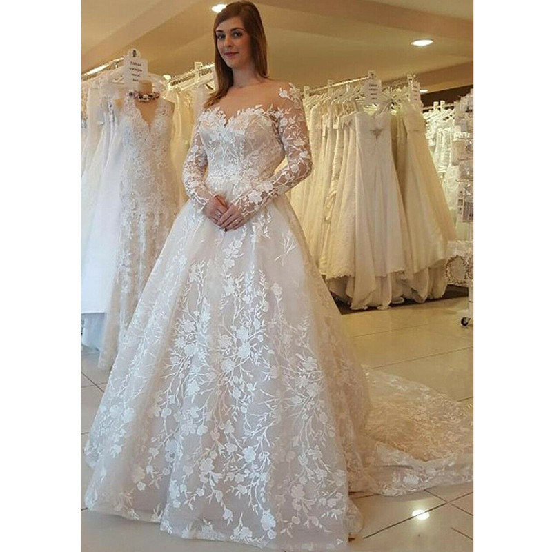 Long Sleeve A Line Lace Wedding Dresses Tulle Appliques Backless Sweep Train